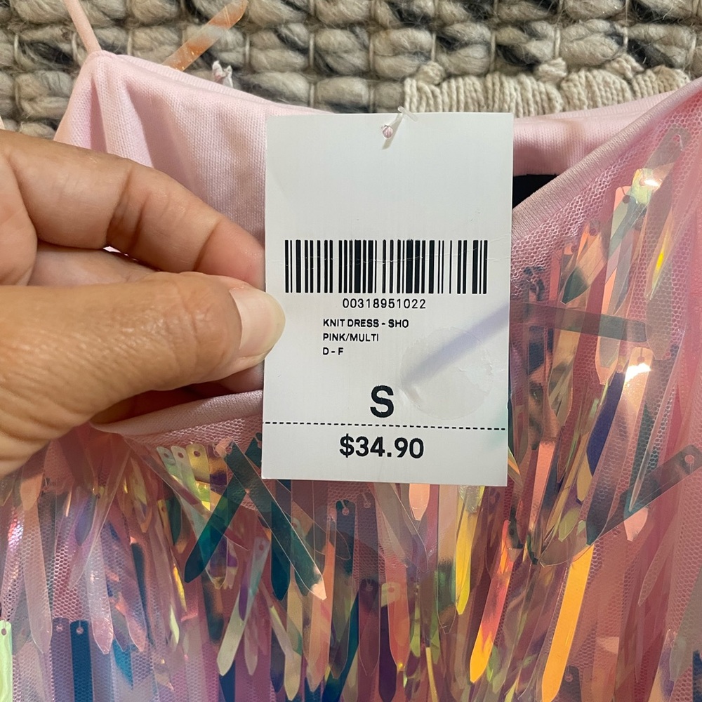 π NWT Forever 21 rainbow hologram AB crystal pink sequin mini dress sz S - Picture 10 of 10